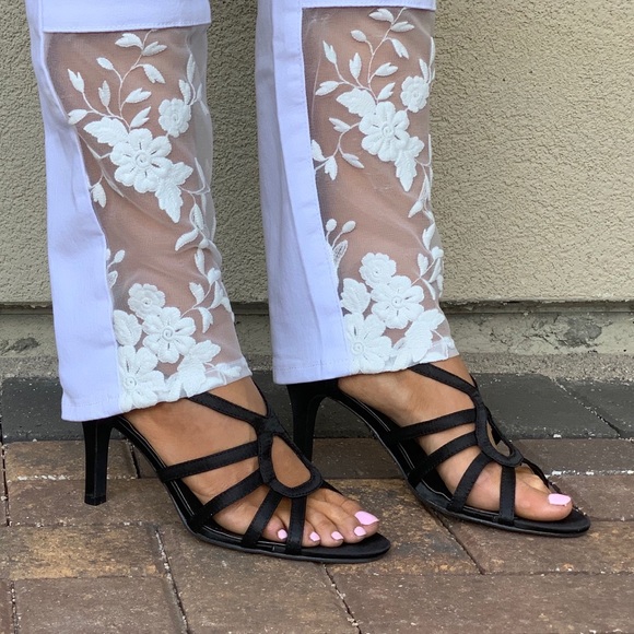 Satin Black Strappy Kitten Heel Dress Sandals - Picture 5 of 5